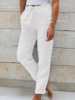 Pantalones De Verano De Algodón Y Lino Para Mujer Cintura Alta Elástica Casual Transpirables Pantalones De Pato Sueltos De Moda Para Calle - details 4