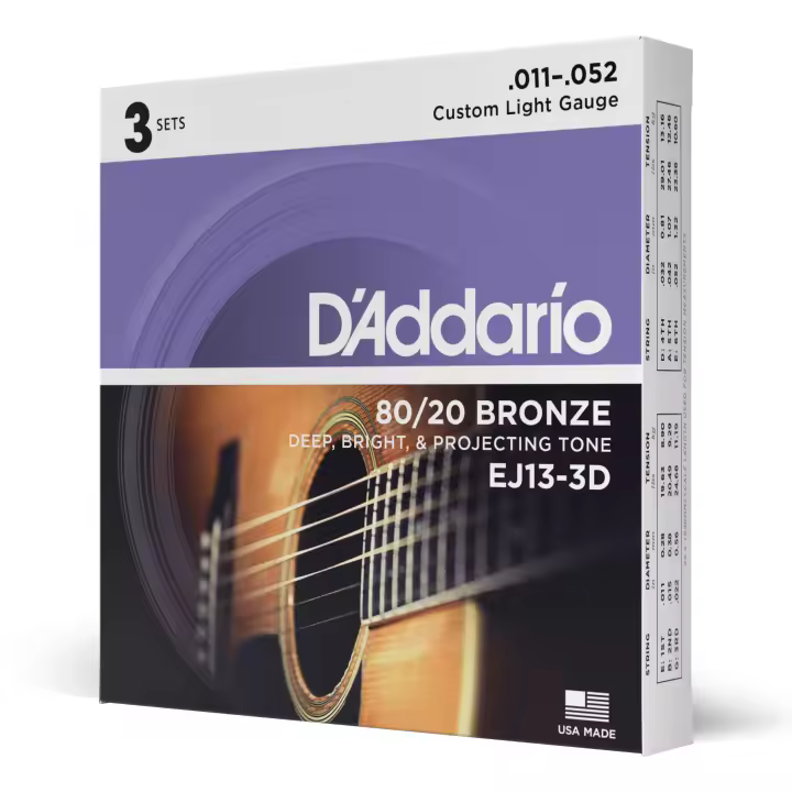 D'Addario EJ13-3D 80/20 Bronze Acoustic Guitar Strings, Custom Light, 11-52, 3 Sets. Code. EJ13-3D - 1