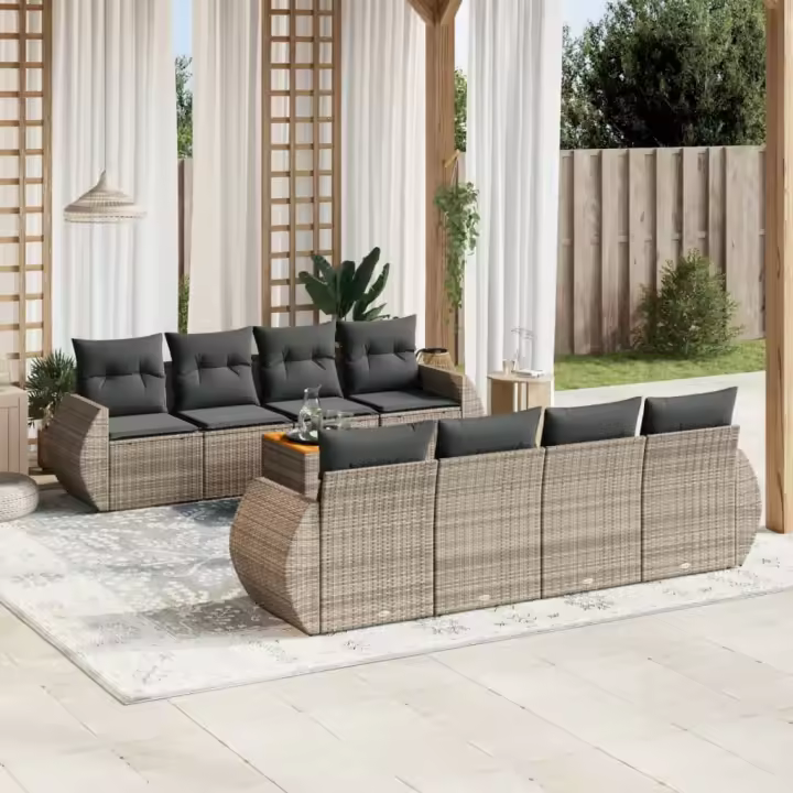 vidaXL Set de muebles de jardín 9 pzas y cojines ratán sintético gris - 1