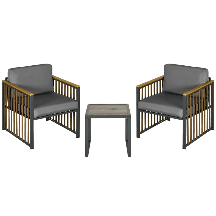 Outsunny Juego de muebles de jardín de 3 piezas, juego de bistró que incluye mesa de café, 2 sillas, grupo de asientos de jardín con cojines, juego de jardín, muebles de balcón para terraza, gris - 1