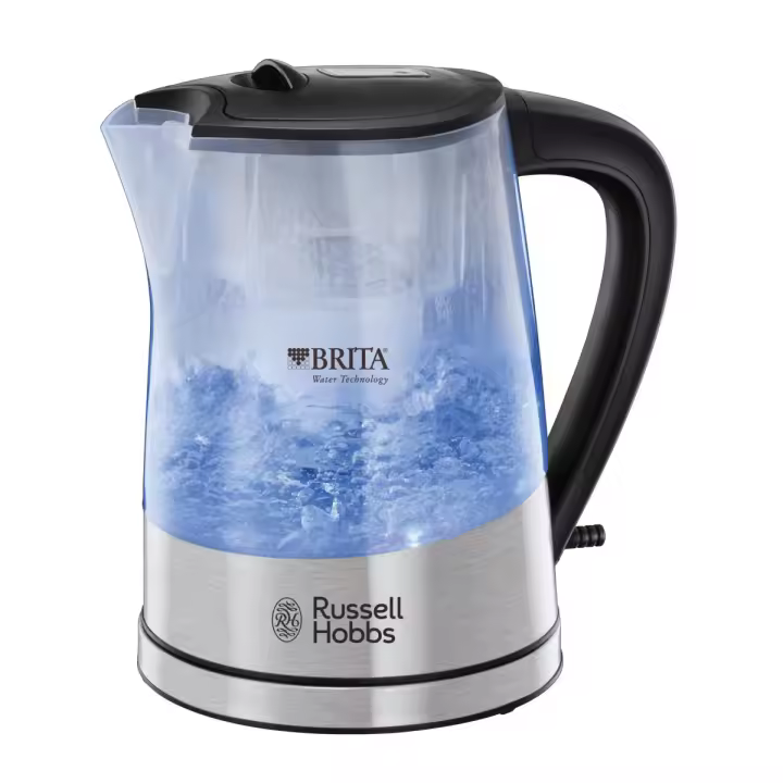 Russell Hobbs Hervidor de Agua eléctrico purity - 1 litro, 2200W, filtro brita, indicador cambio de cartucho, Iluminación azul, plástico, detalles en acero inoxidable, plata - 22850-70 - 1