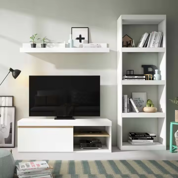Pack de Muebles de Salón Comedor Estilo Nórdico en Color Blanco y Naturale con Mueble de TV y Estantería - 1