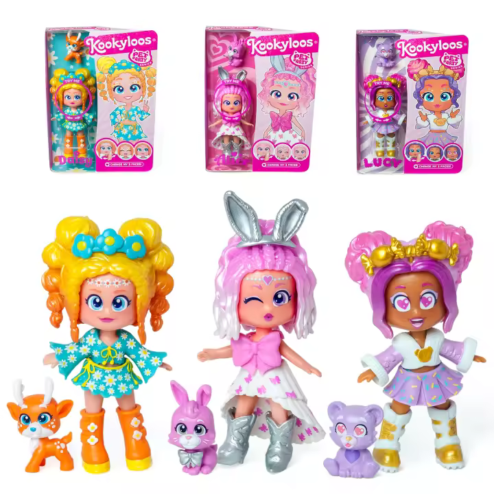 KOOKYLOOS Serie Pet Party Lucy, Daisy y Alice o Katie, Diana y Emma. Pack de 3 muñecas coleccionables. Cada muñeca incluye 3 caras diferentes, mascota, ropa, zapatos de moda y accesorios. - 1