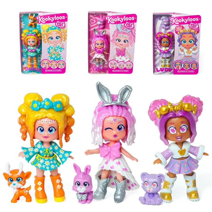 KOOKYLOOS Serie Pet Party Lucy, Daisy y Alice o Katie, Diana y Emma. Pack de 3 muñecas coleccionables. Cada muñeca incluye 3 caras diferentes, mascota, ropa, zapatos de moda y accesorios. - 1