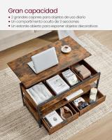 Mesa de centro elevable con almacenamiento, cajones, compartimentos ocultos y estante abierto, marrón rústico y negro - details 8