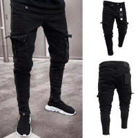 Jeans Skinny Ruptured Moda Callejera Para Hombres Con Multiple Bolsillos Largos Cargadores Elásticos Suaves De Denim Slim Fit Pantalones De Verano Y Otoño - details 1