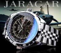 Reloj Mecánico Automático Jaragar Para Hombre Diseño De Vidrio Azul Luminoso Con Exhibición De Fecha Y Semana En Negro Y Plata Resistente Al Agua Con Correa De Acero Inoxidable - details 0