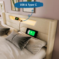 Cama tapizada Cama de Marriage LED con función de carga USB Typo-C e iluminación LED Cama de almacenamiento Somier de Lino Cama Juvenil 160x200 with somier (with colchón) - details 3