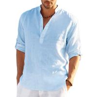 Nueva camiseta de manga larga de lino para hombre, camisa informal holgada de Color sólido, camisa de lino de algodón de manga larga - details 9