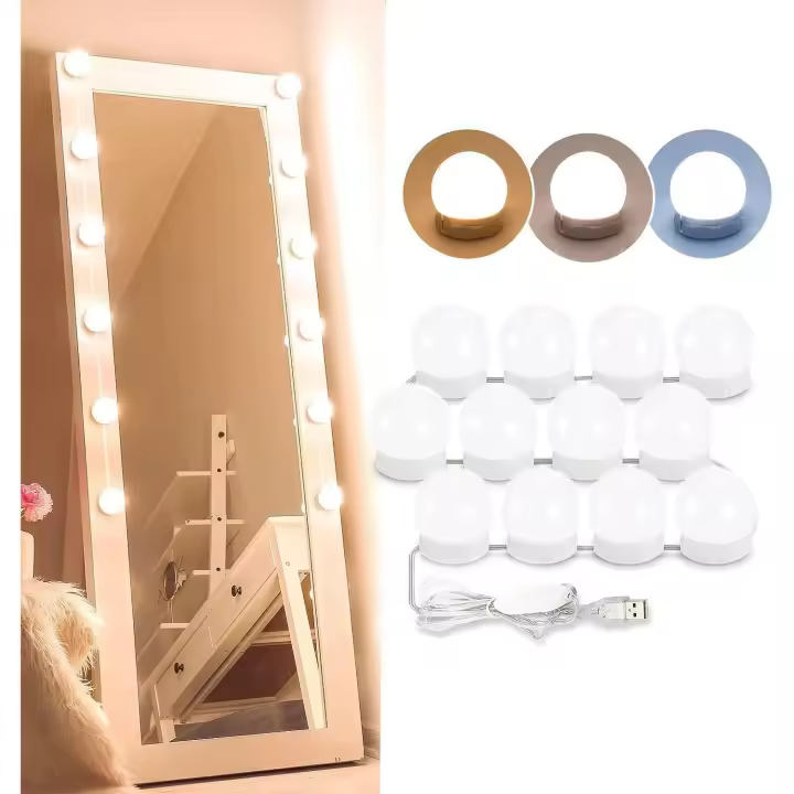 Luz de espejo, kit de 12 bombillas Hollywood LED regulables para espejo de baño, 3 colores, 10 niveles de brillo y adaptador (espejo no incluido). - 1