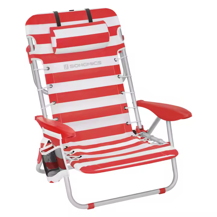 SONGMICS Silla de Playa, Silla de Camping, Silla de Exterior Portátil, con Correa de Hombro, Plegable, Respaldo Ajustable, Reposacabezas, Apoyabrazos, 2 Bolsillos Laterales, Azul y Blanco/Rojo y Blanco/Verde y Blanco - 1