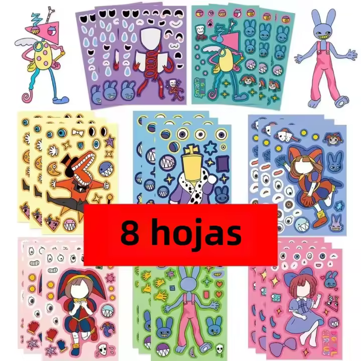 Pegatinas Digitales Kawaii De Circo Sorprendente 8/16 Hojas DIY Para Crear Rostros Juguetes Para Cumpleaños De Niños - 1