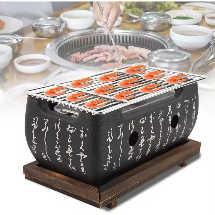 Charcoal Grill, Rectangular Oven Japanese Kitchen Charcoal Stove Tabletop Grill Barbecue Stove Portable Alcohol Barbecue Grill with Wire Mesh and Wooden Base - 1