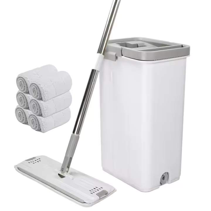 newty Mopa Cubo Escurridor Fregona Plana Drenaje 6 Almohadillas Doble Compartimentos Escurre Fácil Mop Bucket Trapeador Set para Limpieza Suelos Azulejos Tarima Madera Mango Ergonómico Atrapa Polvo Ventanas   Palo Largo de 152 cm Alcanza Todos los Lugares - 1