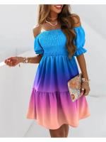 Vestido Bohemio De Verano Para Mujer Con Hombros Descubiertos Y Estampado Largo Corto Con Volantes Vestido De Fiesta Casual De Poliéster Talla Suave - details 1