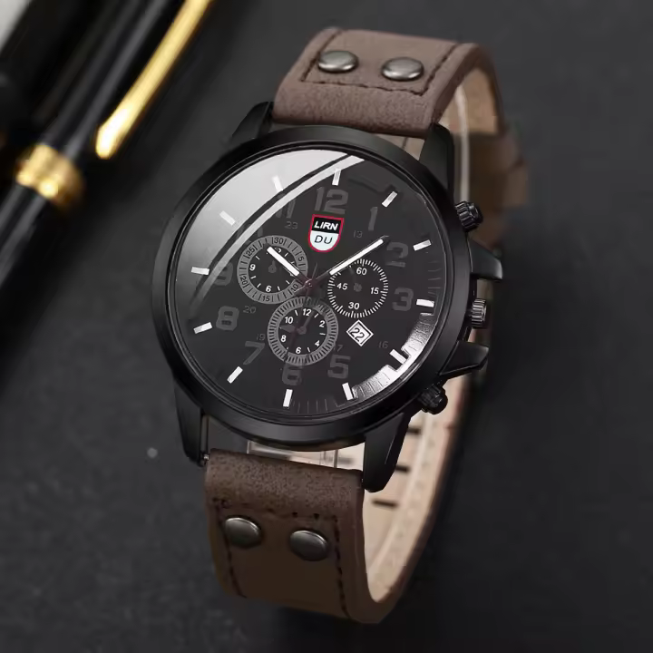 Reloj De Hombre Moda Cuarzo Correa De Cuero Militar Calendario Reloj De Pulsera Casual Marcadores Numerales Arábigos Acero Inoxidable - 1