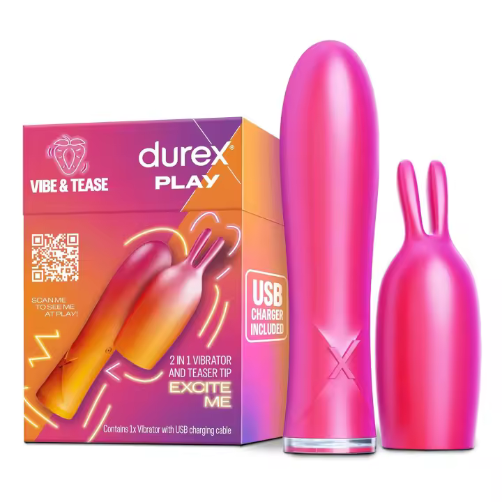 Durex Conejito Vibrador 2 en 1 VIBE & TEASE con punta estimuladora, juguete sexual para mujer, hombre y pareja, 7 modos de vibración y resistente al agua - 1