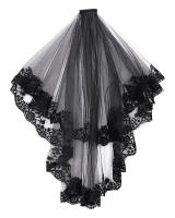 Vela De Novia Negra Con Encaje Corta VINOPROM Para Mujer Doble Capa Estilo De Borde De Encaje Hebilla Incluida Medio Largo - details 5