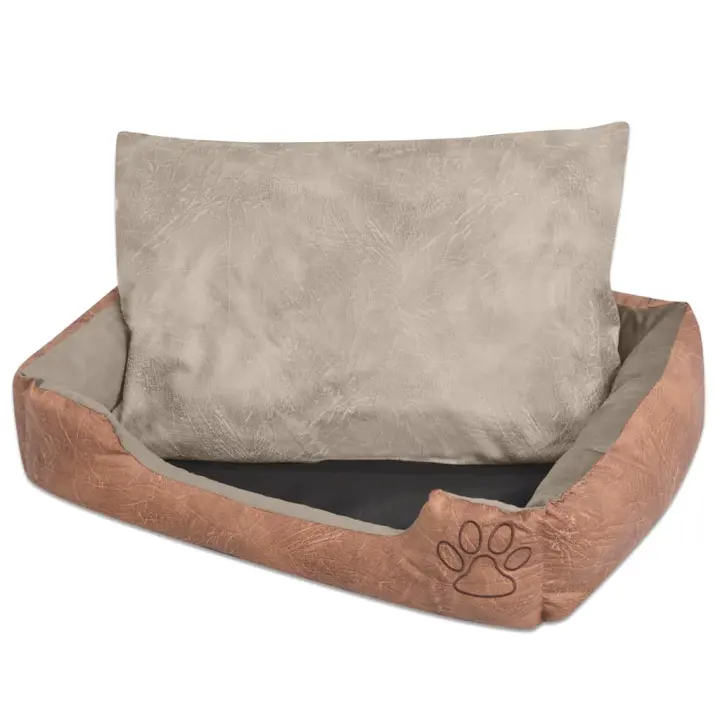 vidaXL Cama para perro con cojín PU cuero artificial talla L beige - 1