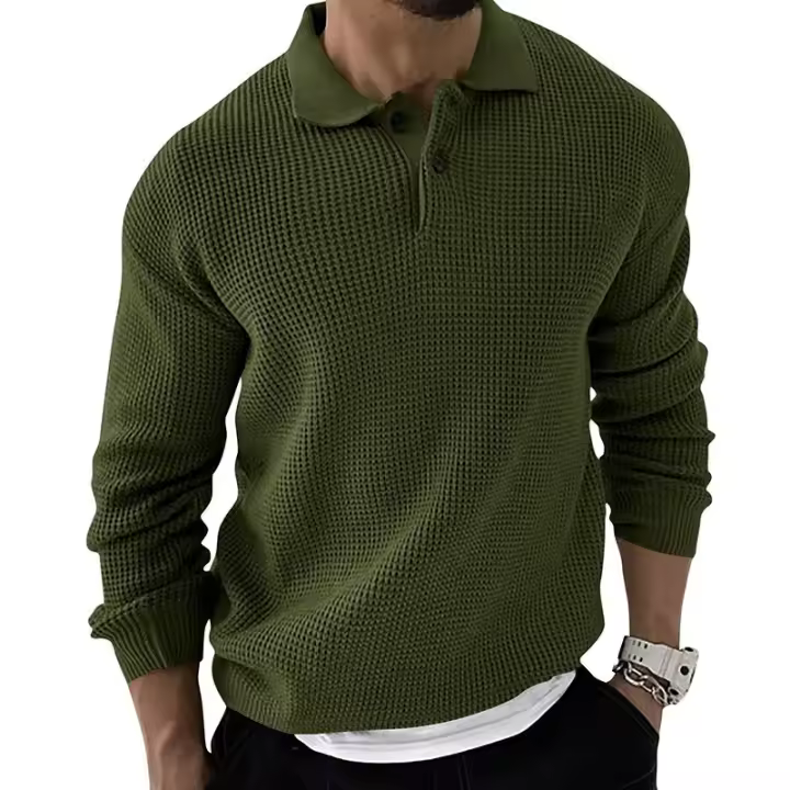 Camisa De Lana Tejida Para Hombre Otoño Invierno Estilo Casual Color Sólido Alta Elasticidad Transpirable Cuello En V Manga Larga Tops - 1
