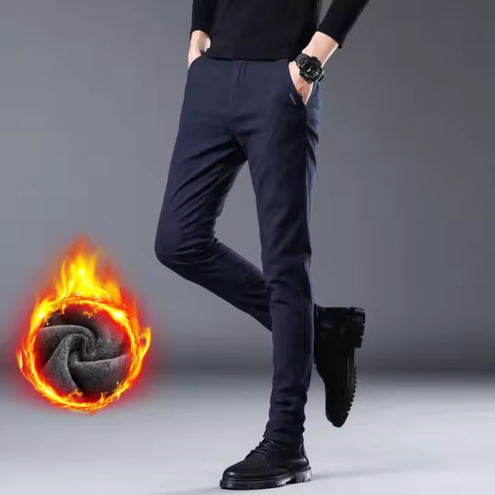 Pantalones Casuales Para Hombre Invierno Terciopelo Grueso Cálido Ajustados Estilo Recto Elásticos Pantalones Largos Para Jóvenes - 1