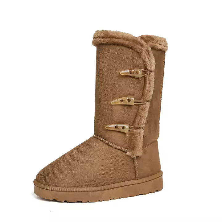 Botas De Nieve Para Mujer Invierno Botas Largas De Peluche Acolchadas Moda Color Sólido Botones Marrón Talla Grande 42 - 1