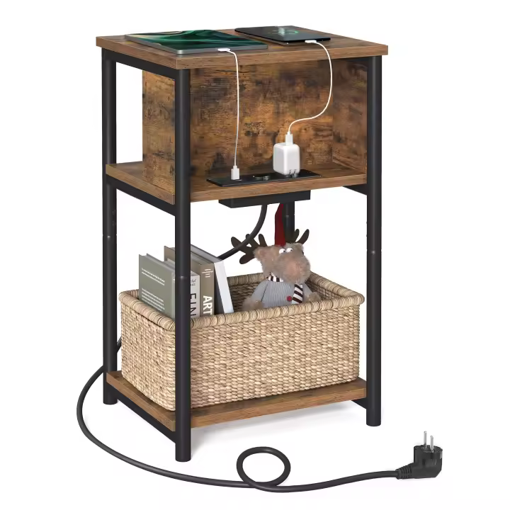 Mesa auxiliar multifuncional con 2 enchufes y 2 puertos usb, para sala de estar y dormitorio, marrón rústico y negro - 30x34x58 cm - 1