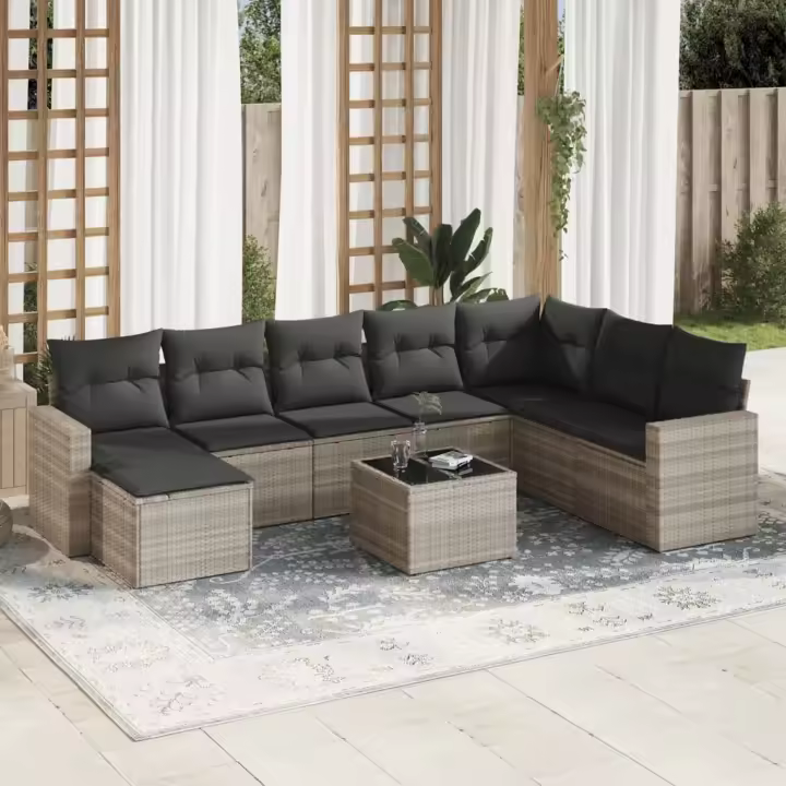 vidaXL Set muebles jardín 9 pzas y cojines ratán sintético gris claro - 1