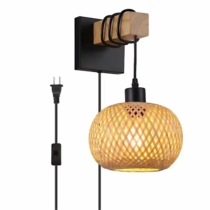 Lámparas De Pared De Bambú Y Madera Decorativas Para Dormitorio Elegante Luz Nocturna Incluida Montaje Manual Sin Cable - 1