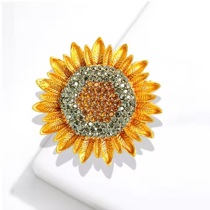Broche De Girasol Amarillo Lujo Para Mujer Con Diamantes Broche De Plantas Luna Flor Geométrico Joyería Elegante Para Ropa - 1