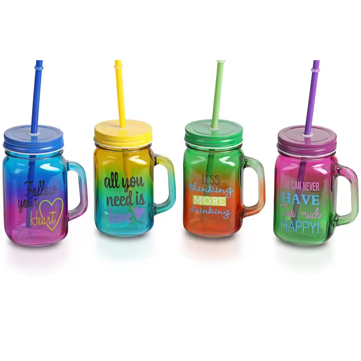 Disok Lote 10 Jarras de Cristal Multicolor con Frases en Inglés - Regalos Originales para Bodas, Comuniones y Fiestas - 1