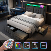 Cama tapizada 160x200, Cama Doble with cabecera LED y Carga USB C, 4 cajón, Cama de almacenamiento with base de listones de madera y Marco metálico, capacidad de carga 300 kg, Gris, algodón (sin colchón) - details 3