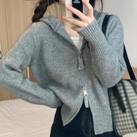 Chaqueta De Punto Corta Con Capucha Y Cremallera Estilo Minimalista Para Mujer Suave Estiramiento Ajustada Para Otoño - details 1