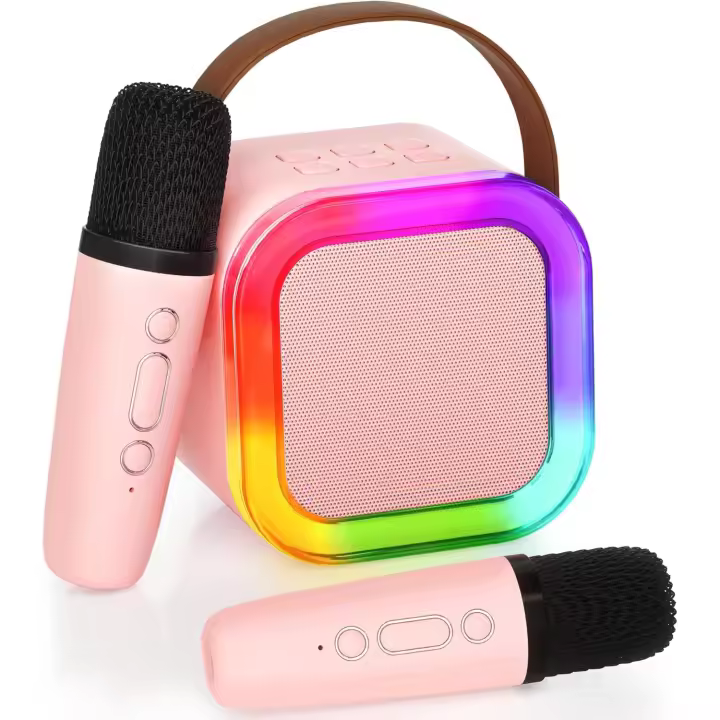 Máquina de karaoke para niños adultos, mini altavoz portátil Bluetooth con 2 micrófonos inalámbricos, juguetes para niños regalos de cumpleaños fiesta familiar en casa (rosa) - 1