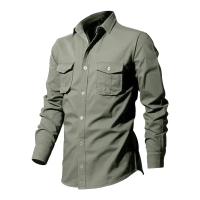Camisa Táctica De Verde Militar Para Hombres Con Dos Bolsillos En La Cara Cuello En V Manga Larga Estilo Safari Casual - details 10