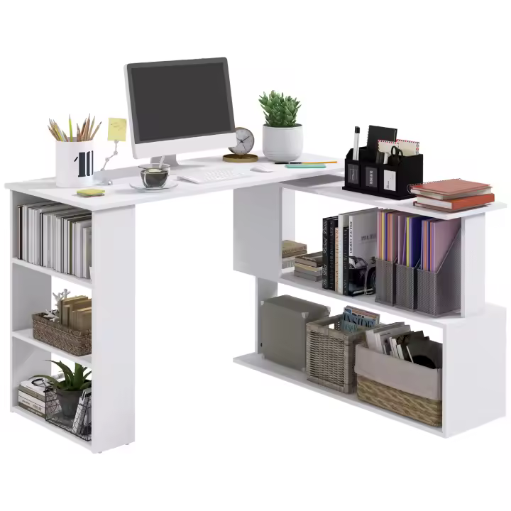 HOMCOM Escritorio Esquinero Giratorio Escritorio en L con Estantería Mesa de Escritorio con Estantes para Oficina Estudio 120x110x74,5 cm - 1