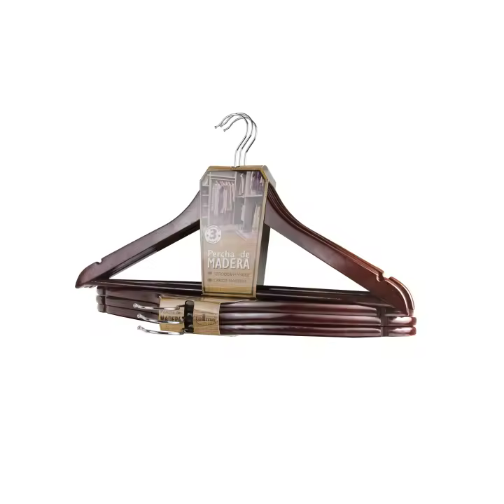 Pack 6 Perchas de madera color marrón. 44cm ancho x 23cm alto. Con ganchos giratorios 360º de acero, con muescas para vestidos y barra inferior. Perchas de armario ideales para blusas, pantalones, camisas, trajes. - 1