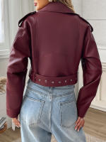 Chaqueta De Cuero PU Para Mujer Fitaylor Cierre De Cremallera Estilo Casual Con Cuello En V Y Cinturón Moto Outwear - details 5