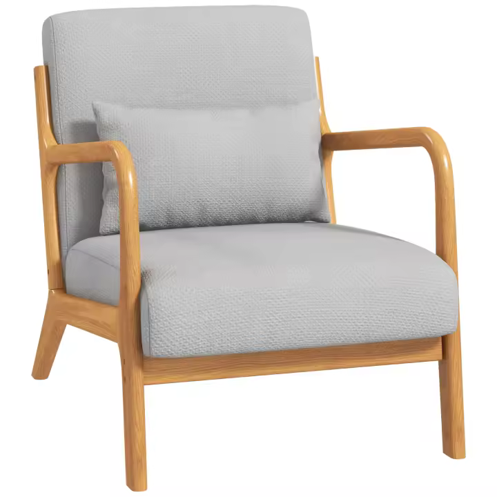 HOMCOM Sillón de salón HOMCOM con estructura de madera maciza - Sillón lounge - Asiento profundo - Reposabrazos - Aspecto terciopelo gris claro - 1