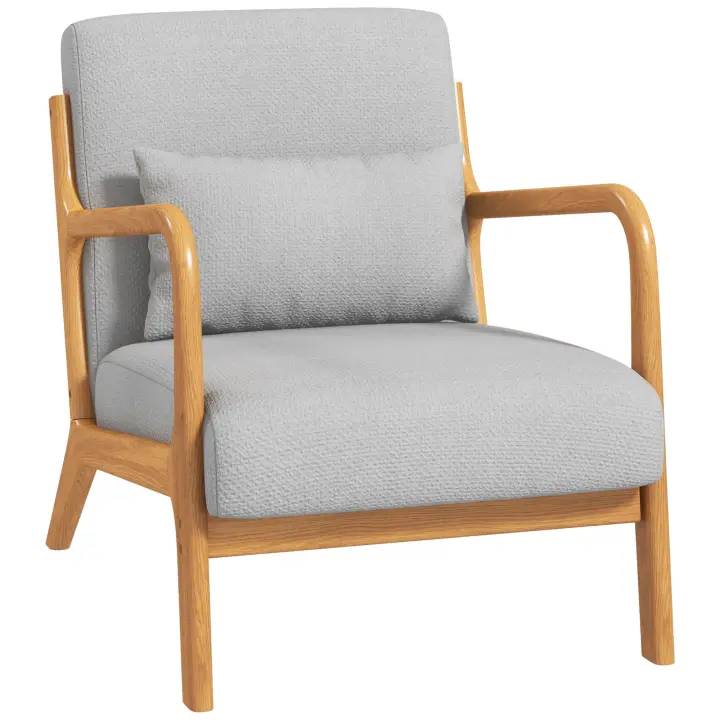 HOMCOM Sillón de salón HOMCOM con estructura de madera maciza - Sillón lounge - Asiento profundo - Reposabrazos - Aspecto terciopelo gris claro - 1