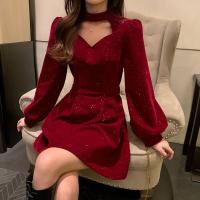 Vestido De Veludo Elegante Para Mujer Con Cintura Alta Y Manga Larga Estilo Sweet Vestido De Rodilla De Otoño Invierno - details 2