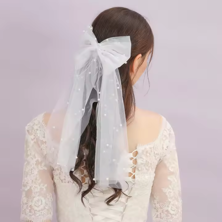 Velo De Novia Elegante Con Borla Y Perlas Accesorio De Cabello Para Boda Corto Y Decorativo Para La Parte Trasera Del Cabello - 1
