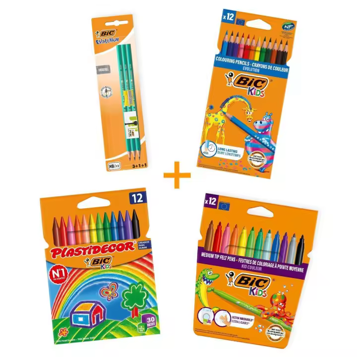 BIC Pack Coloreado y Escritura - Set de 12 lápices de colores Evolution, 12 ceras Plastidecor, 12 rotuladores lavables Kid Couleur y 1 conjunto de escritura (3 lápices de grafito HB, 1 goma de borrar y 1 sacapuntas) - 1