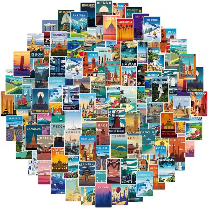 108Pcs Pegatinas De Viaje Alrededor Del Mundo Serie De Escenarios DIY Adhesivo Para París Berlín Japón Nueva York Suiza Noruega Venecia - 1