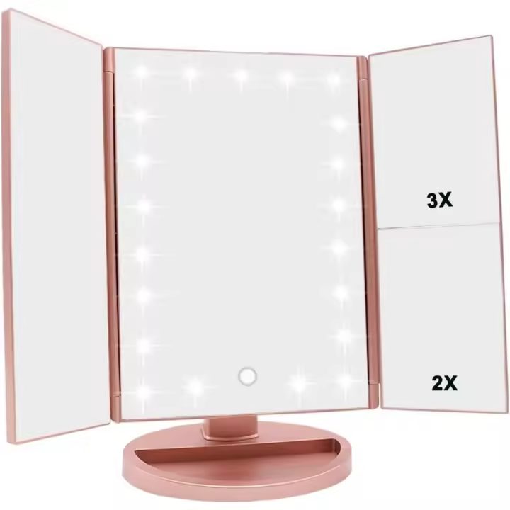 Espejo de tres pligues, 21 LED y Increase de 2X/3X, interruptor táctil para ajustar el brillo - 1