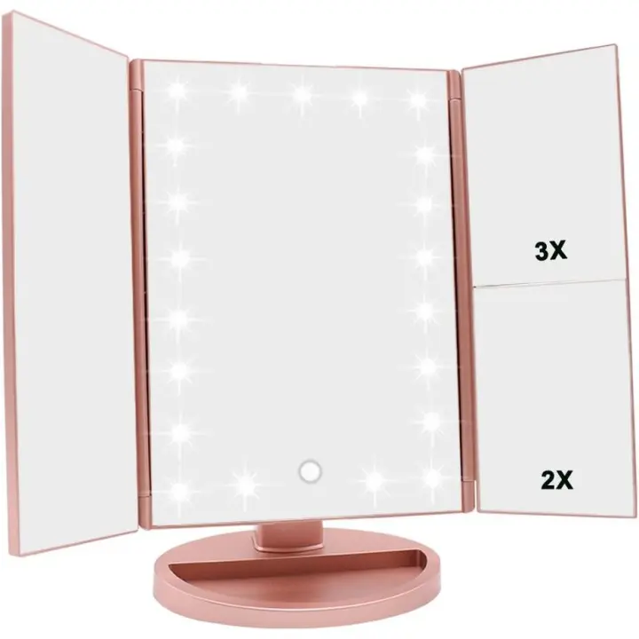 Espejo de tres pligues, 21 LED y Increase de 2X/3X, interruptor táctil para ajustar el brillo - 1