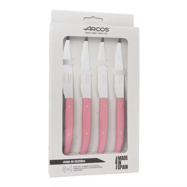 Arcos Serie Cuchillos de Mesa - Juego de Cuchillos Chuleteros 4 piezas - Hoja de Acero Inoxidable NITRUM de 110 mm - Filo Liso - Mango de Polipropileno - Color Rosa - 1