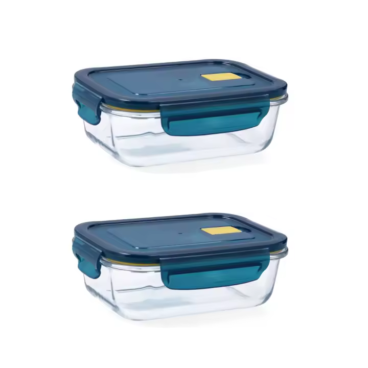 QUID ASTRAL 2 Recipiente Rectangular Hermético Vidri 18x13x6CM - 64CL Azul  Tapa 4 cierres herméticos 100% con válvula Reciclable - 1