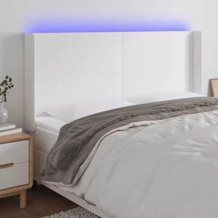 vidaXL Cabecero con LED cuero sintético blanco 203x16x118/128 cm - 1