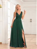 Vestido De Noche Para Mujer Brillante Chiffon Con Manga Doble V a Line Largo Hasta El Suelo Fiesta Vestido Con Abertura Lateral - details 3